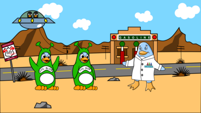 (en=>es) Freedo wears a white coat with colored pens in the pocket, and a GNU Project tag.  Two other green penguins wear green alien costumes with antennas; the names printed on their chests are Evil Blob and Evil Bob.  Behind them, there's a road, a gas station.  Far in the background, there are mounts and a flying saucer with two black penguins inside.  Next to the road, a sign that said HISTORIC 66 ROUTE has graffiti that adds GNU horns, a dot between the digits, and -GNU.  Image by Jason Self from http://jxself-org-s.njmu.s5.bt8.net/git/?p=freedo.git.