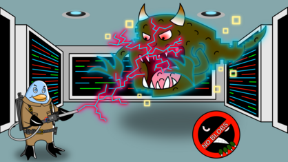 (en=>es) Freedo hunts a monstrous ghostly blob, as in ghostbusters. Image by Jason Self from http://jxself-org-s.njmu.s5.bt8.net/git/?p=freedo.git.