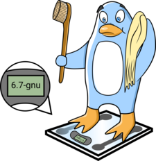 (en=>es) Freedo stands on a digital scale, and the visor says 6.7-gnu.  Image by Jason Self from http://jxself-org-s.njmu.s5.bt8.net/git/?p=freedo.git.