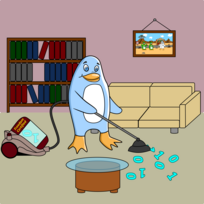 (en=>es) Freedo cleans up the living room, vacuuming binary blobs.  Image by Jason Self from http://jxself-org-s.njmu.s5.bt8.net/git/?p=freedo.git.